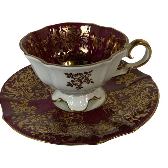 Alka Kunst Bavaria Heavy Gold Burgundy Tea Cup And Saucer Maroon Floral Scroll - Picture 1 of 9